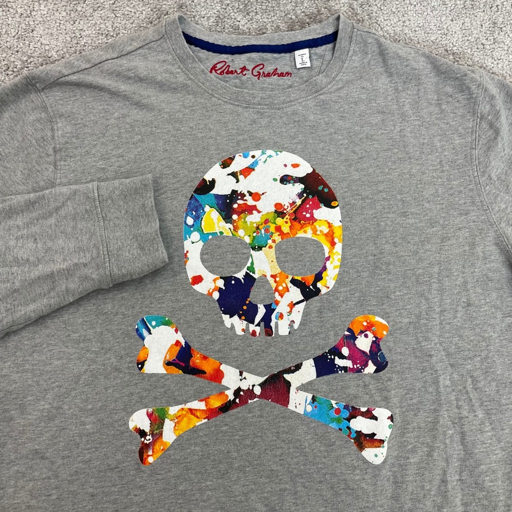 Robert Graham Sweatshirt Mens Large Skull Paint Splatter Gray Pullover